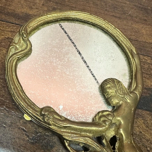 Art Nouveau Woman Figure Hand Mirror Brass Vanity Mirror Antique - Picture 4 of 7